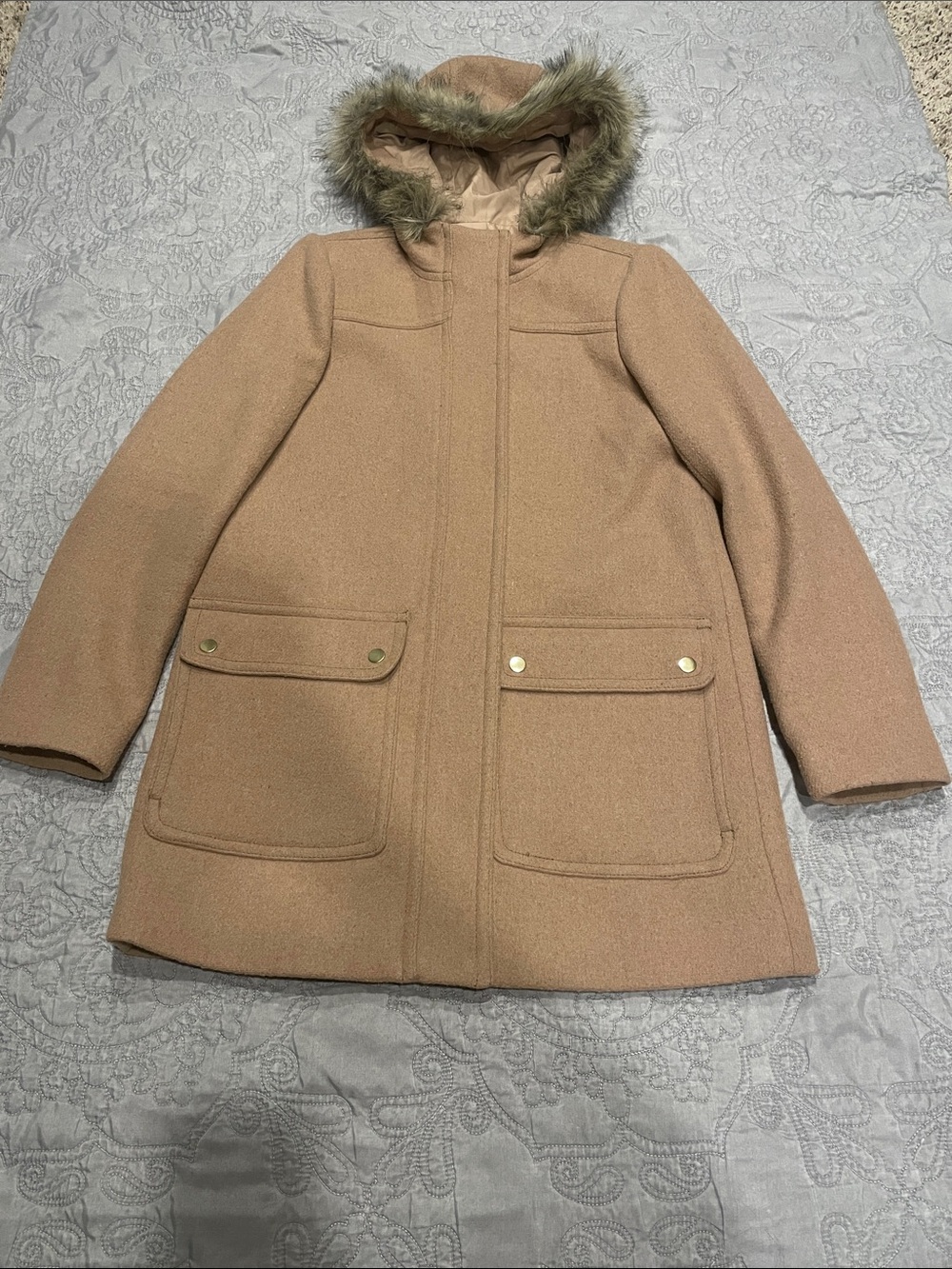 J. Crew Camel Wool-Blend Pea Coat with Faux-Fur Trim Hood - Picture 1 of 12